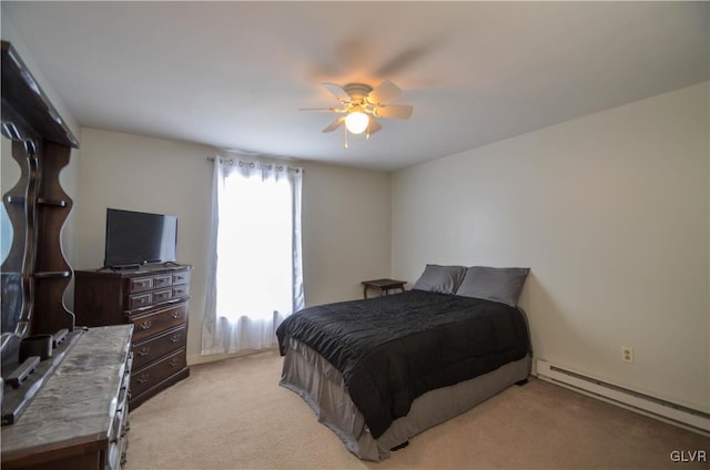 carpeted bedroom with ceiling fan and a baseboard heating unit