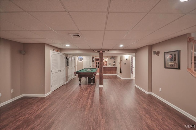 recreation room featuring billiards and dark hardwood / wood-style flooring