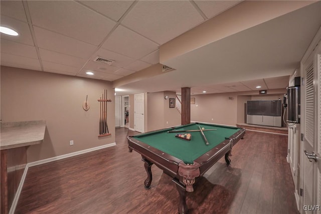 playroom featuring pool table, a paneled ceiling, and dark hardwood / wood-style flooring