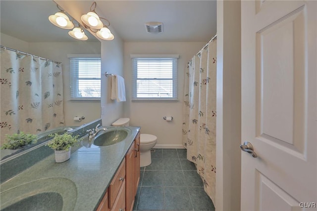 bathroom featuring toilet, vanity, and tile patterned flooring