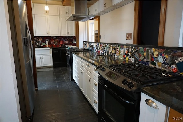 kitchen with extractor fan, pendant lighting, white cabinets, backsplash, and stainless steel appliances