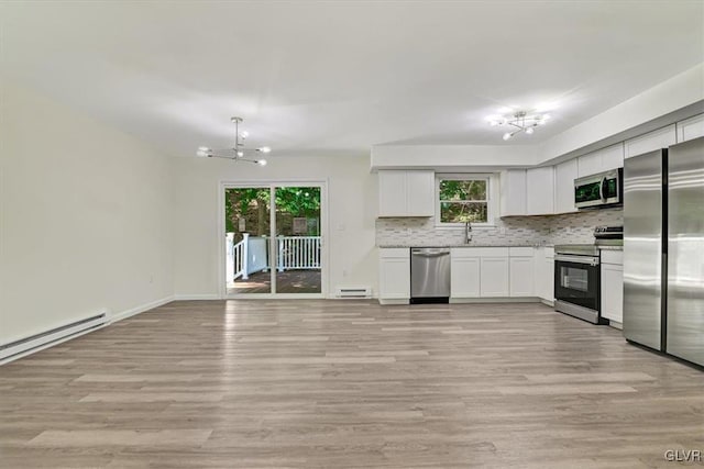 kitchen featuring sink, appliances with stainless steel finishes, white cabinets, decorative backsplash, and light wood-type flooring