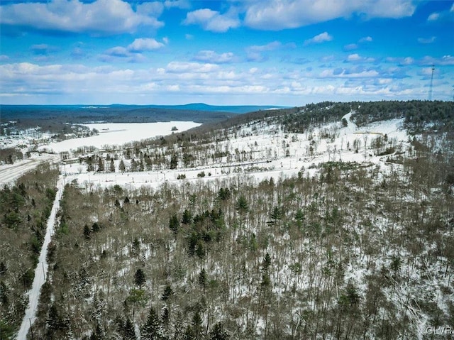 snowy aerial view with a mountain view