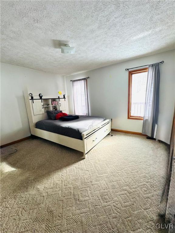 unfurnished bedroom featuring a textured ceiling, baseboards, and carpet floors