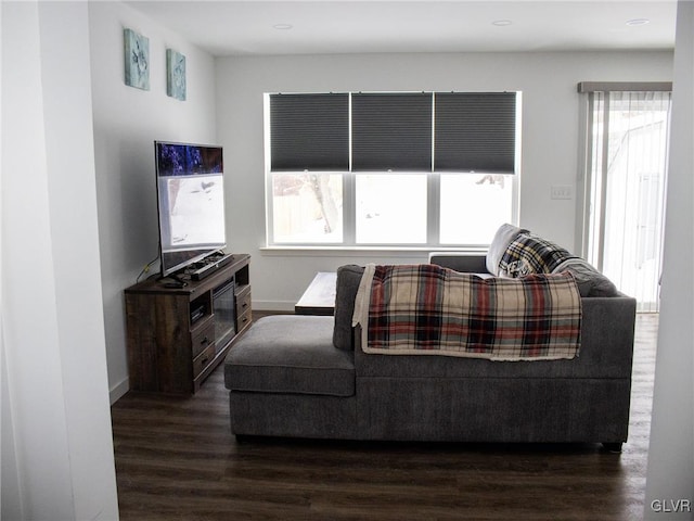 living room with a wealth of natural light and dark hardwood / wood-style flooring