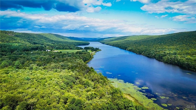 bird's eye view featuring a water and mountain view