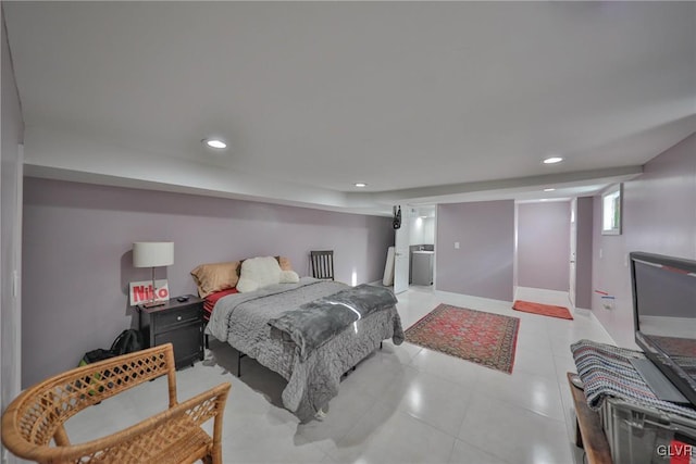 bedroom featuring light tile patterned floors, baseboards, and recessed lighting