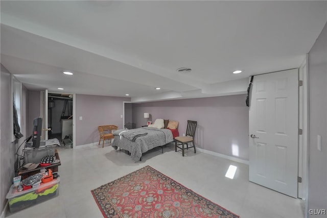 bedroom with recessed lighting, visible vents, and baseboards