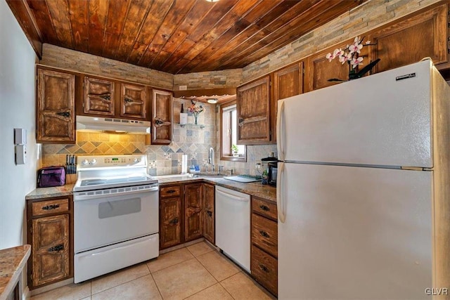 kitchen with sink, wood ceiling, light tile patterned floors, white appliances, and decorative backsplash