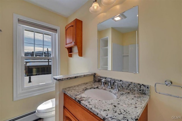 bathroom with baseboard heating, vanity, and toilet