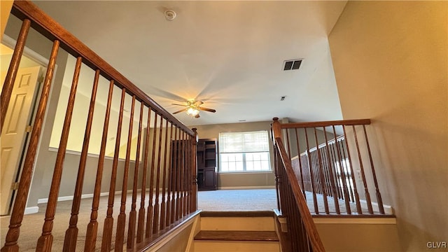 stairs with carpet and ceiling fan