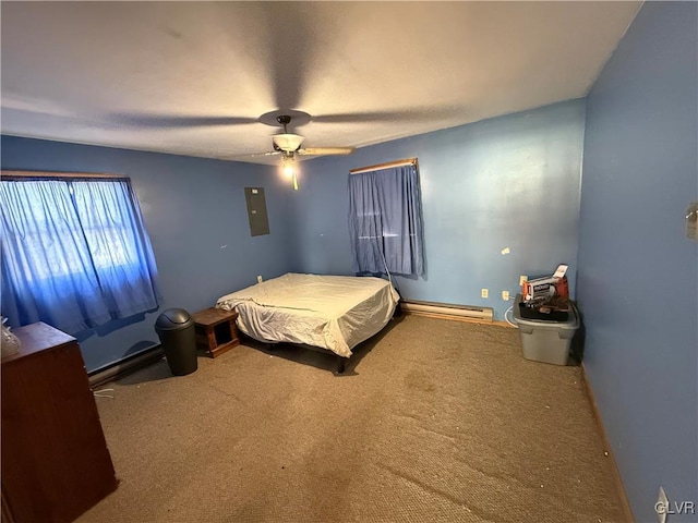 carpeted bedroom with a baseboard radiator, electric panel, and ceiling fan