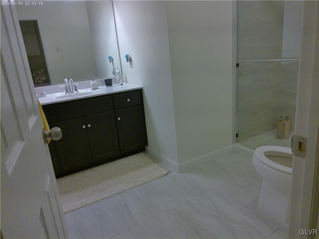 bathroom with walk in shower, tile patterned floors, vanity, and toilet