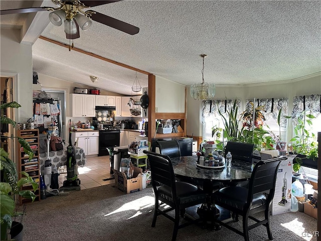 dining room with an inviting chandelier, lofted ceiling, light carpet, and a textured ceiling