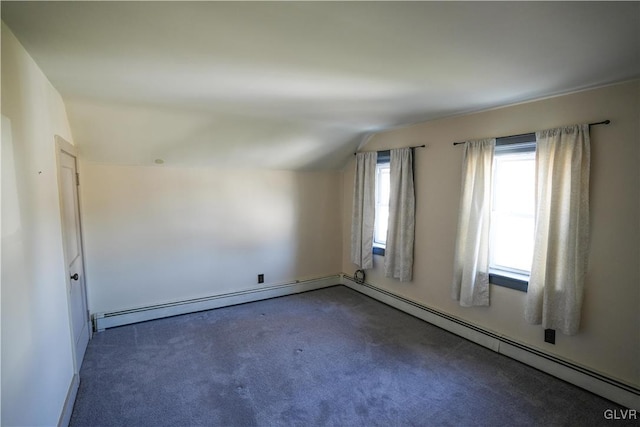 bonus room with lofted ceiling, a baseboard radiator, and carpet