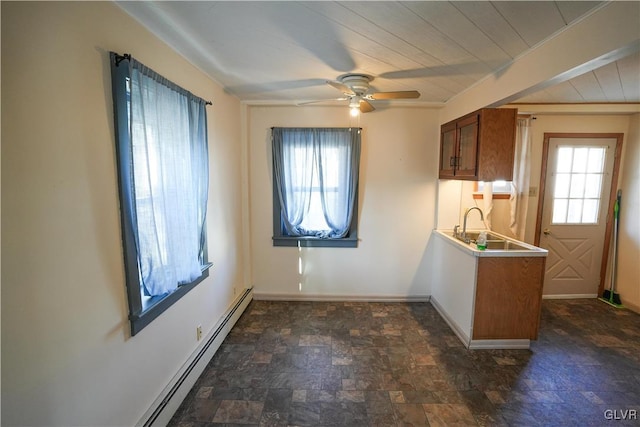 kitchen with ceiling fan, a baseboard radiator, sink, and wooden ceiling