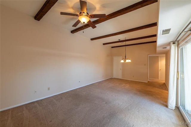 carpeted spare room featuring ceiling fan with notable chandelier and beam ceiling