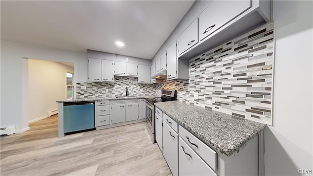 kitchen featuring sink, light hardwood / wood-style flooring, a baseboard heating unit, stainless steel appliances, and tasteful backsplash