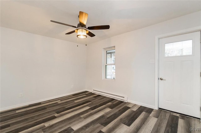 foyer with ceiling fan, a baseboard radiator, and dark hardwood / wood-style flooring