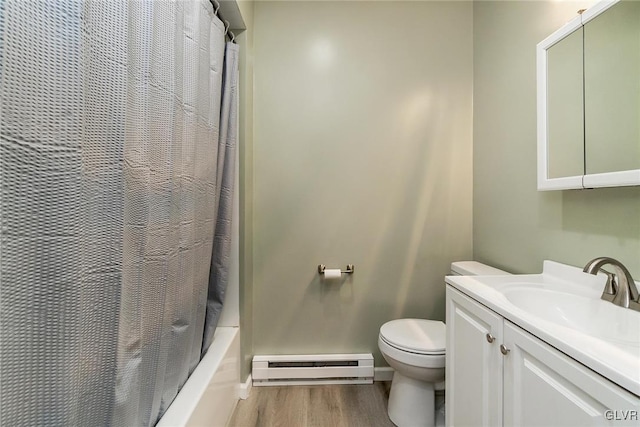 full bathroom with shower / tub combo with curtain, toilet, baseboard heating, vanity, and hardwood / wood-style flooring