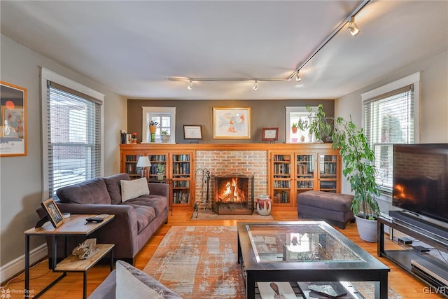 living room featuring plenty of natural light, a fireplace, and light hardwood / wood-style flooring