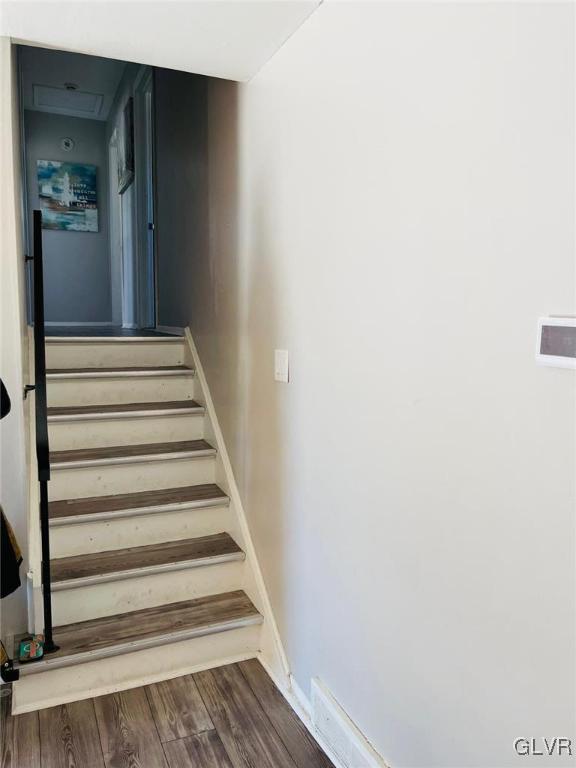 staircase with hardwood / wood-style flooring