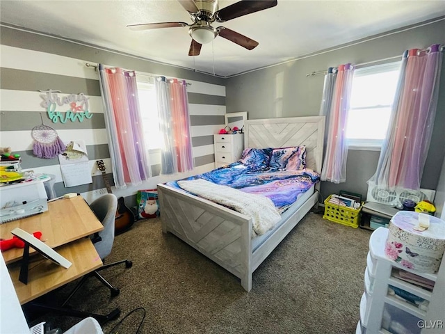 carpeted bedroom with ceiling fan