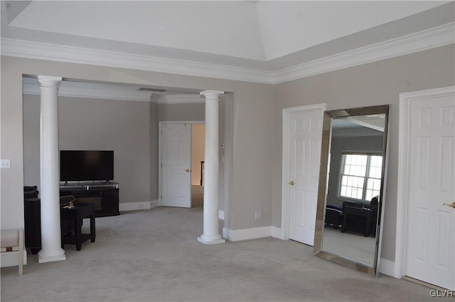 interior space with crown molding, light colored carpet, vaulted ceiling, and ornate columns