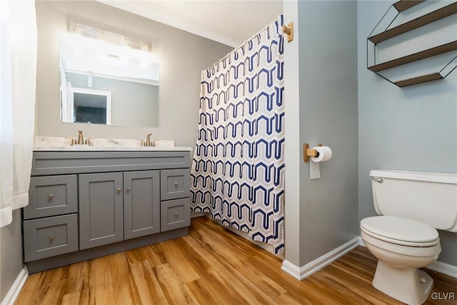 bathroom featuring hardwood / wood-style flooring, vanity, toilet, and a shower with shower curtain