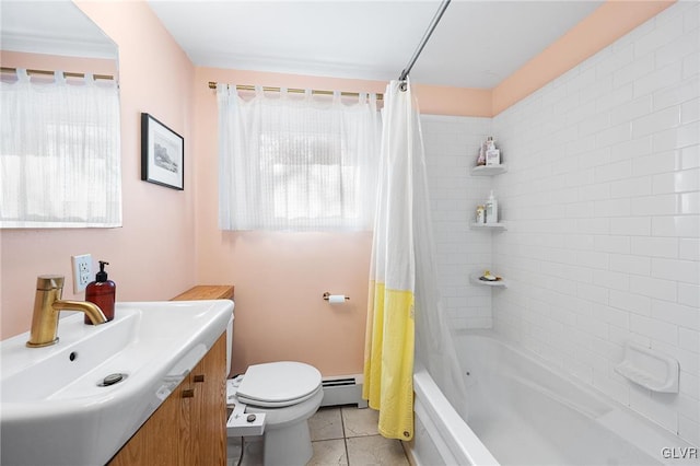 full bathroom with shower / tub combo, vanity, a baseboard radiator, tile patterned floors, and toilet