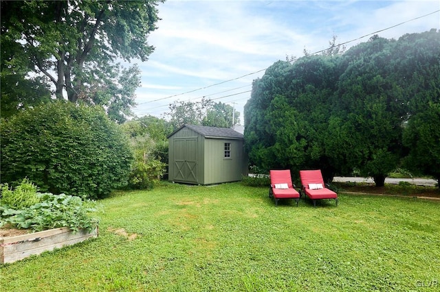 view of yard featuring a storage shed