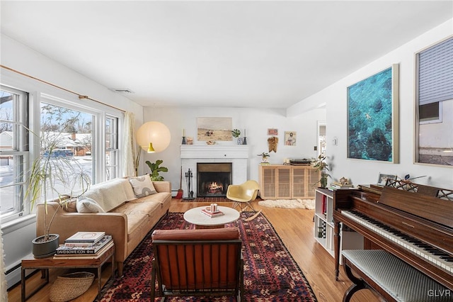 living room featuring hardwood / wood-style flooring and baseboard heating