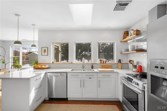 kitchen with sink, hanging light fixtures, kitchen peninsula, stainless steel appliances, and white cabinets