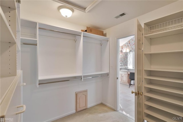 spacious closet featuring light carpet