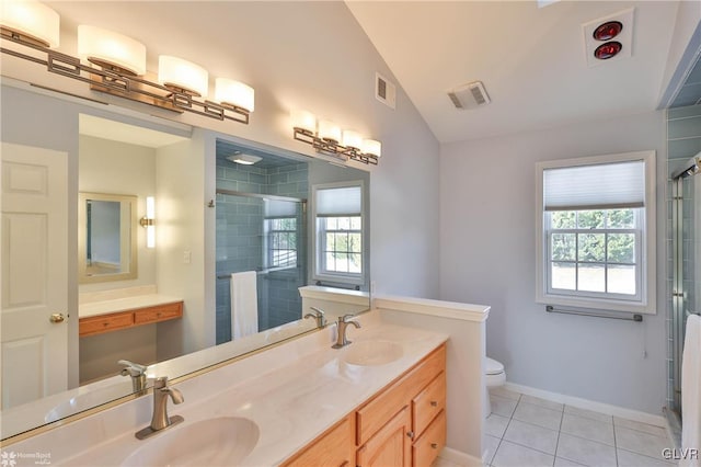 bathroom featuring walk in shower, tile patterned floors, toilet, vaulted ceiling, and vanity