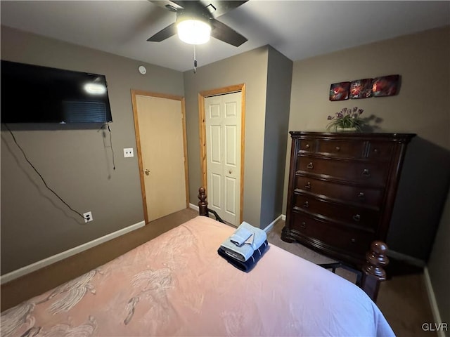 carpeted bedroom featuring ceiling fan