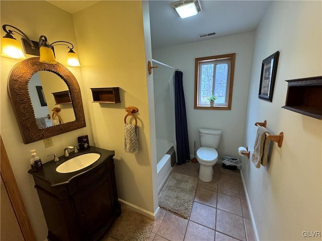 full bathroom with shower / bathtub combination with curtain, vanity, toilet, and tile patterned floors