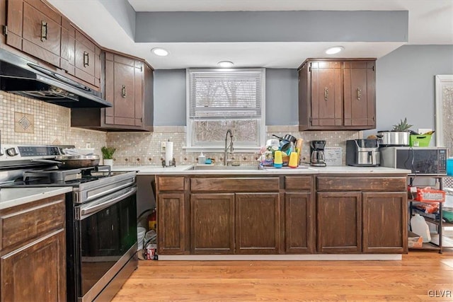 kitchen with dark brown cabinetry, stainless steel appliances, sink, and light wood-type flooring