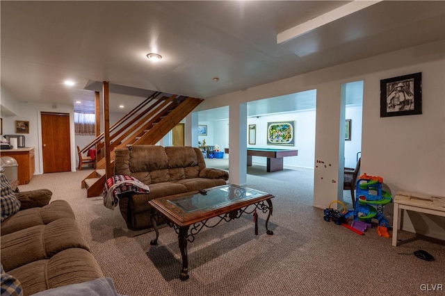 living room featuring billiards and light carpet