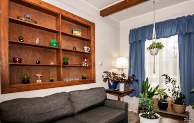 living room with beam ceiling