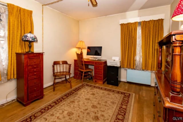 office area featuring hardwood / wood-style flooring and ceiling fan