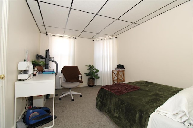 bedroom featuring carpet floors and a drop ceiling