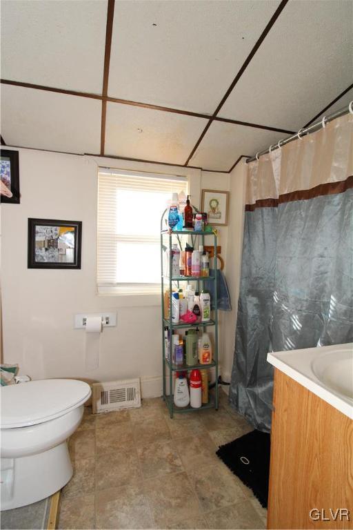 bathroom featuring vanity, curtained shower, and toilet