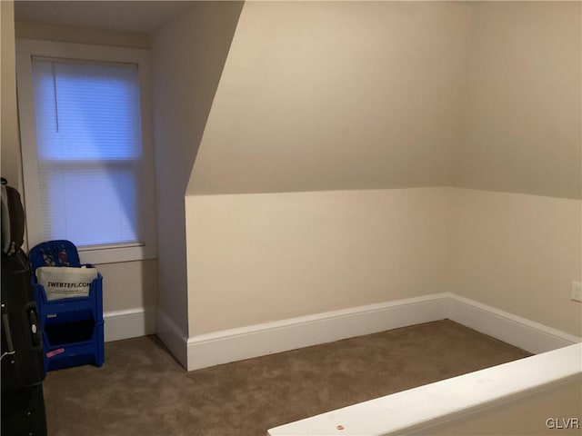 additional living space featuring dark colored carpet and vaulted ceiling