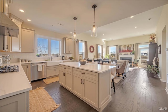 kitchen featuring decorative light fixtures, a wealth of natural light, a center island, and appliances with stainless steel finishes