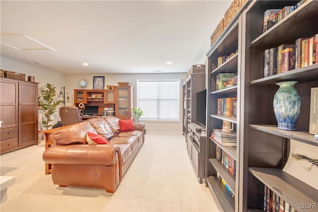 interior space featuring light colored carpet