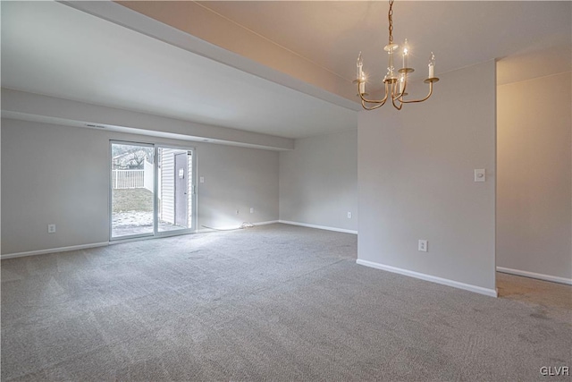 unfurnished room featuring beamed ceiling, a chandelier, and carpet floors