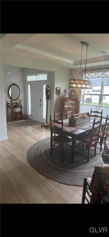 dining area featuring a raised ceiling and hardwood / wood-style floors