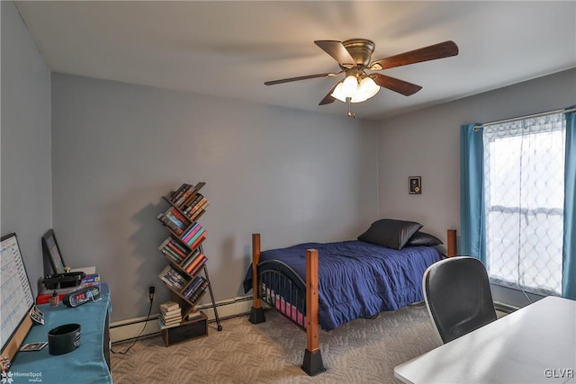 bedroom featuring ceiling fan, light colored carpet, and a baseboard heating unit