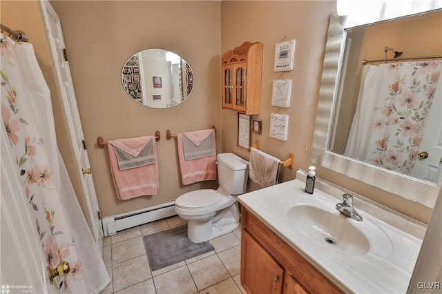 bathroom featuring tile patterned flooring, vanity, toilet, and baseboard heating